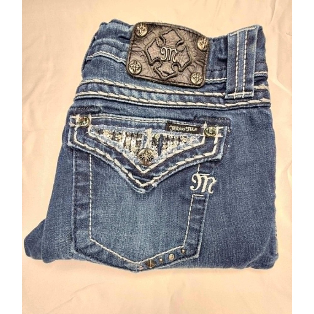 Miss Me Skinny Jeans Womens 28 x 31 Medium Wash Low Rise Sequin Flap Pocket Blue
